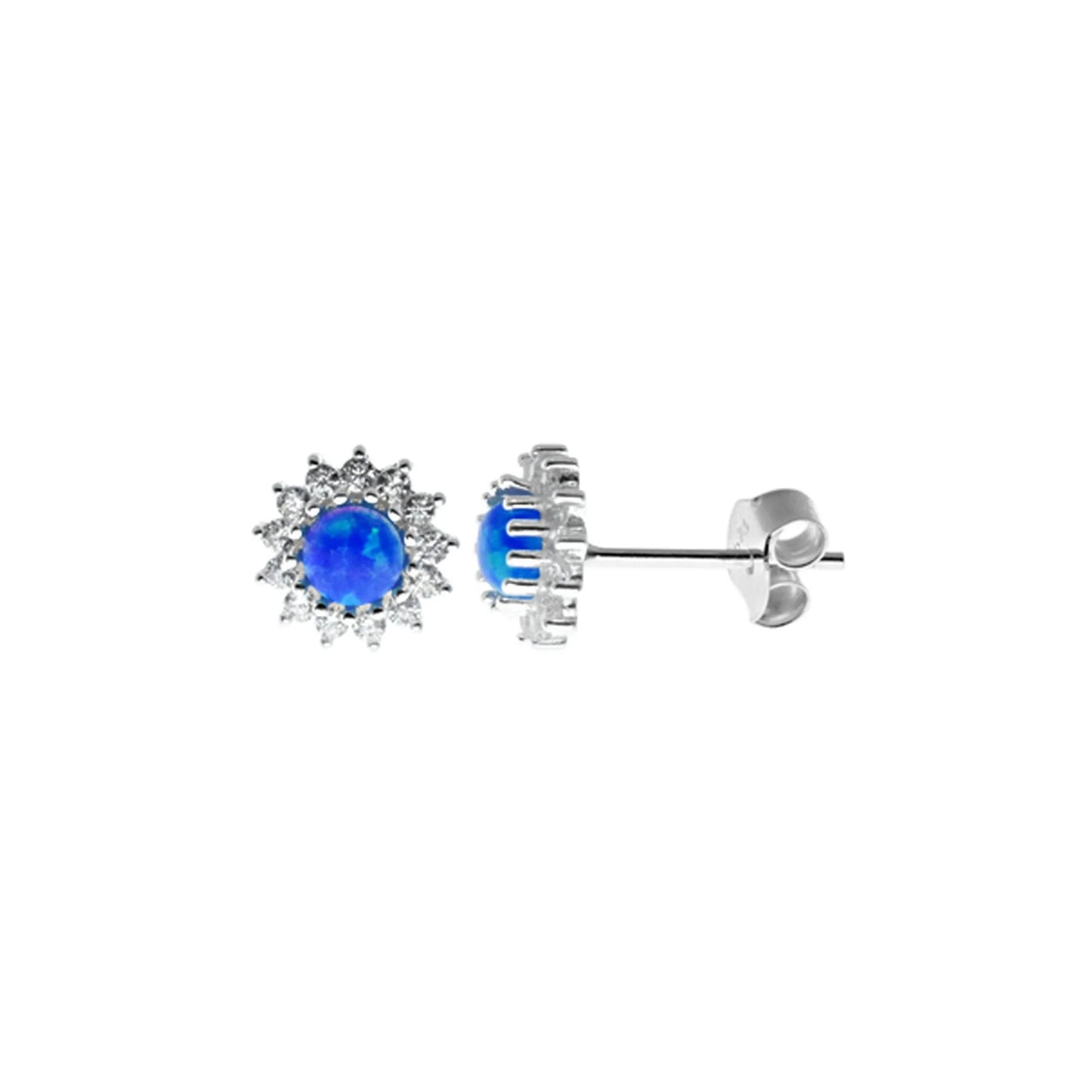 Silver, Blue Opalique and Cubic Zirconia sunburst cluster necklace and stud earrings set