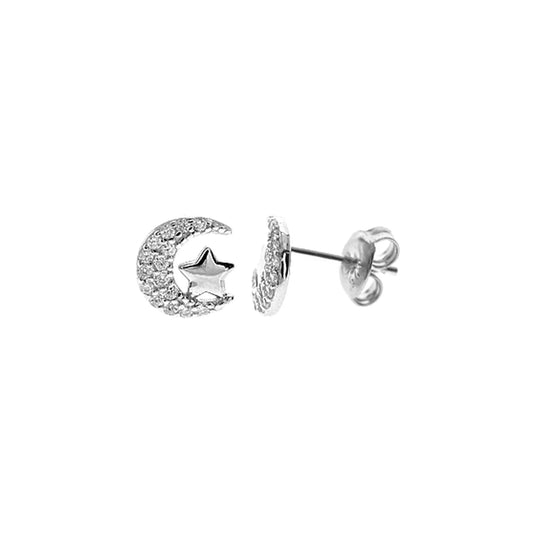 Silver and Cubic Zirconia crescent moon and star stud earrings