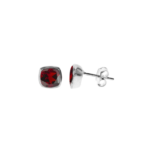 Silver and Garnet cushioned Stud Earrings.
