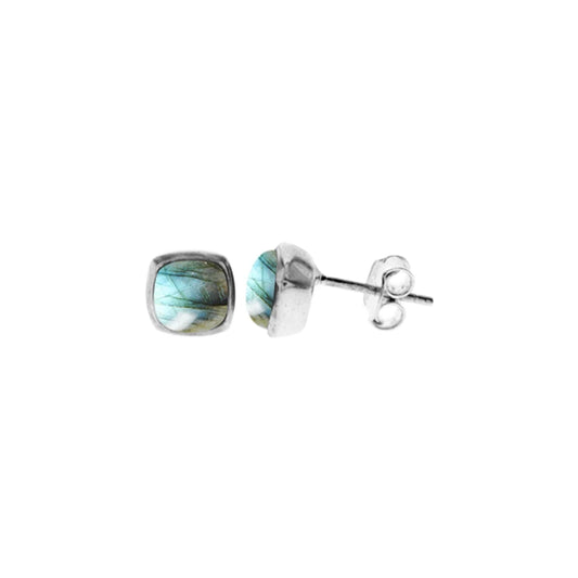 Silver and labradorite cushioned stud earrings.