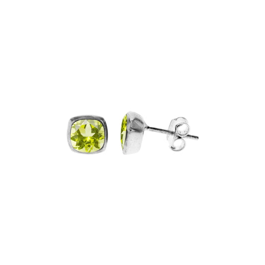 Silver and Peridot cushioned Stud Earrings.