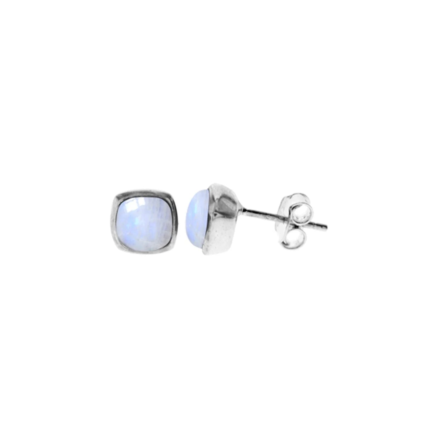 Silver and Rainbow Moonstone cushioned stud earrings.