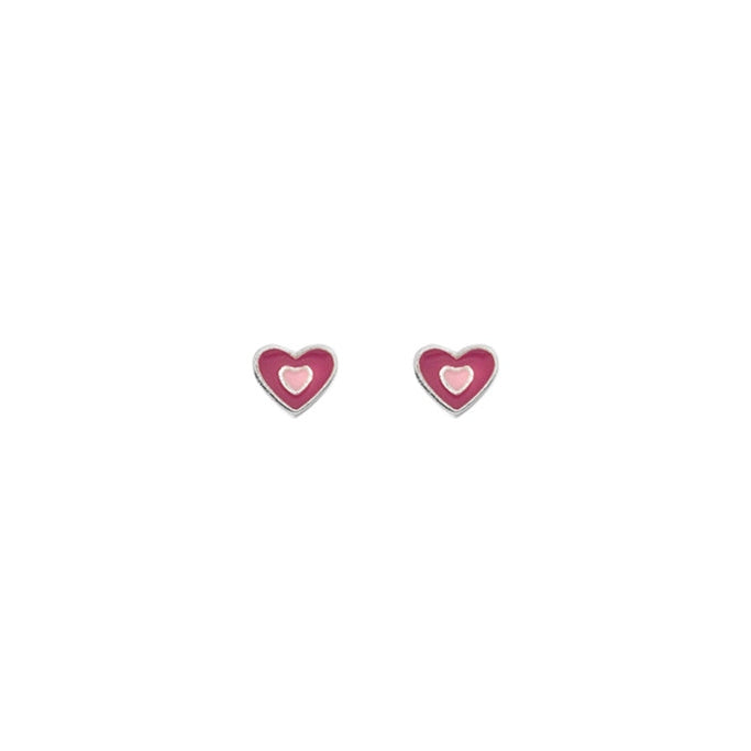 silver and pink enamel heart stud earrings