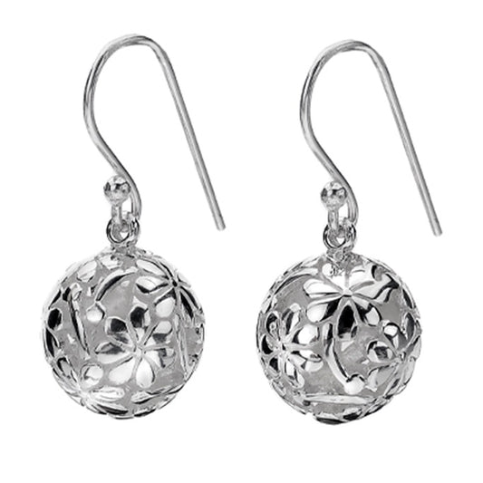 Silver flower design sphear drop earrings