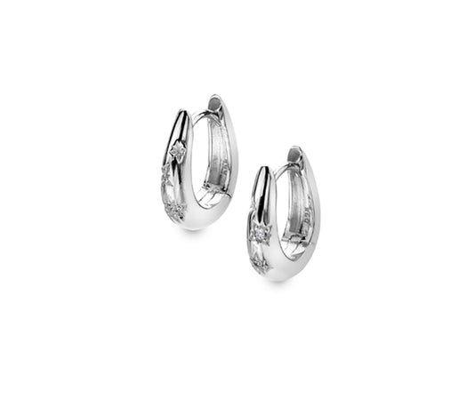 Silver Star set Cubic Zirconia Silver Oval Huggie Earrings