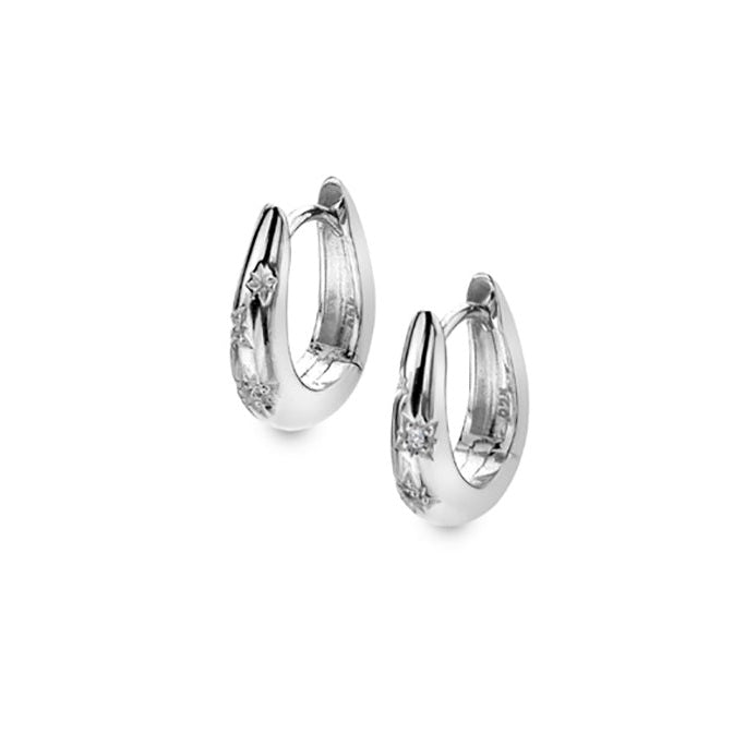 Silver Star set Cubic Zirconia Silver Oval Huggie Earrings