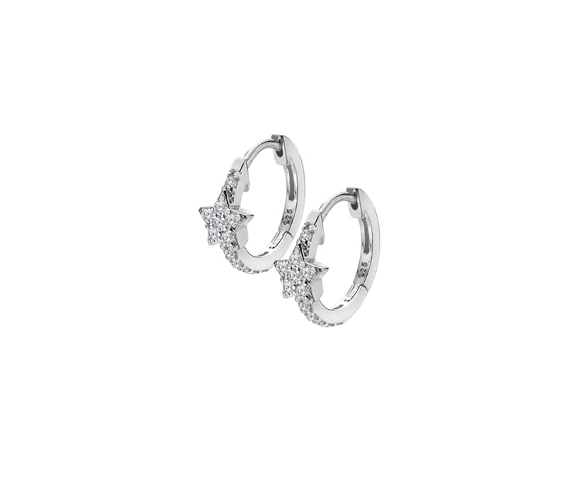 Silver Cubic Zirconia Set Star Detail Huggie Earrings