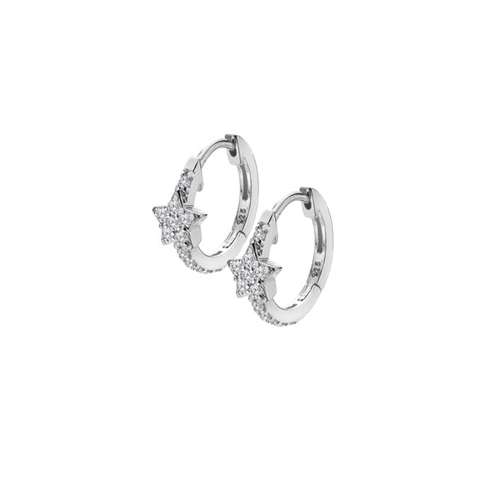 Silver Cubic Zirconia Set Star Detail Huggie Earrings