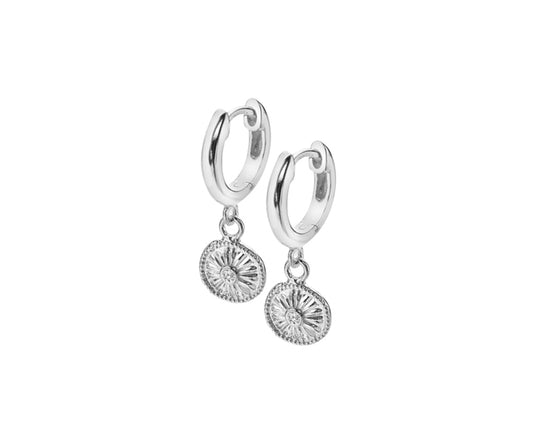 Silver Cubic Zirconia Disc Drop Huggie Earrings