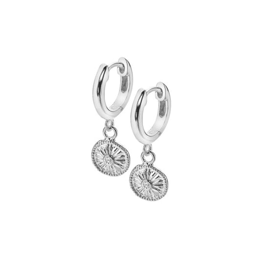Silver Cubic Zirconia Disc Drop Huggie Earrings