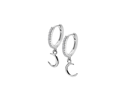 Silver Cubic Zirconia Hoop with Silver Moon Drop Huggie Earrings