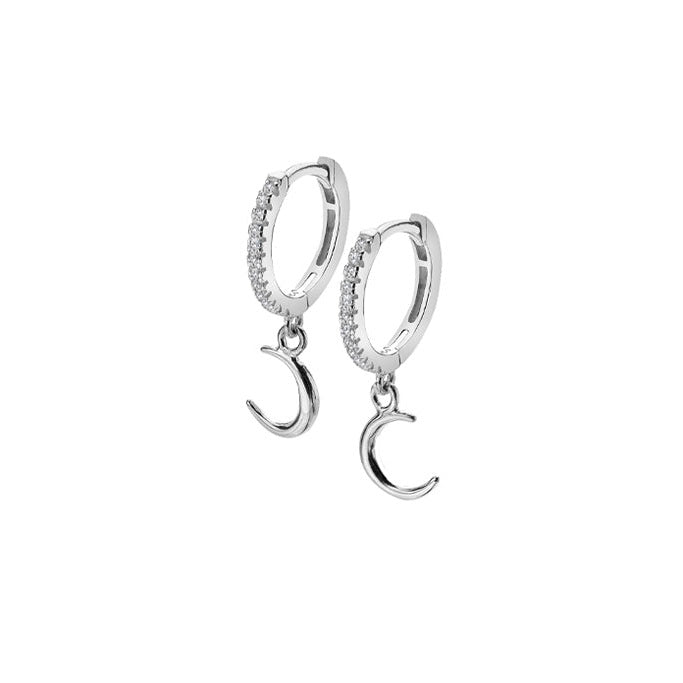 Silver Cubic Zirconia Hoop with Silver Moon Drop Huggie Earrings