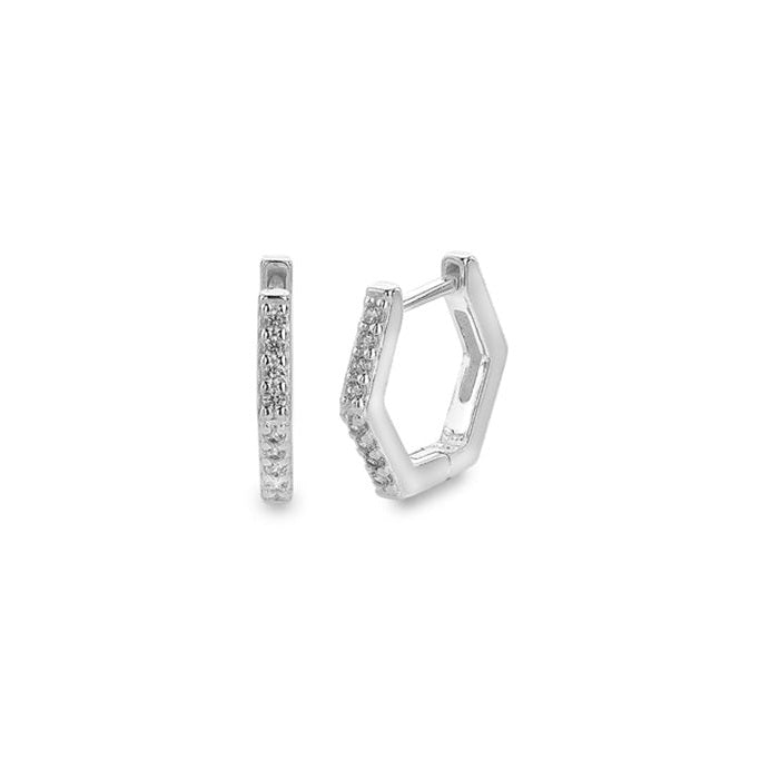 Silver Hexagon Cubic Zirconia Set Huggie Earrings