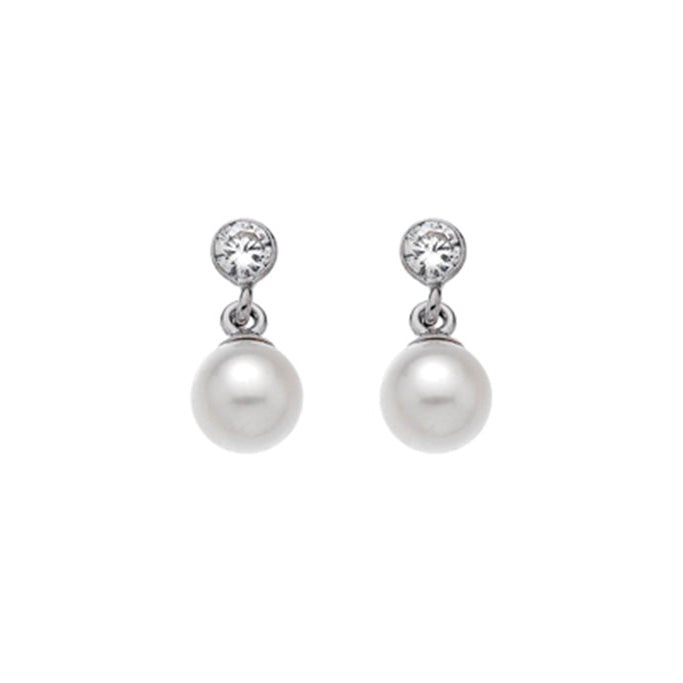 9ct White Gold, Freshwater pearl and Cubic Zirconia studded drop earrings