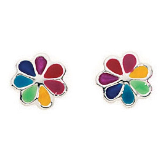 Silver And Enamel Multicoloured Small Flower Stud Earrings