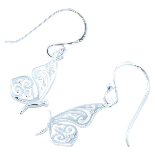 Silver side view Butterfly drop earrings