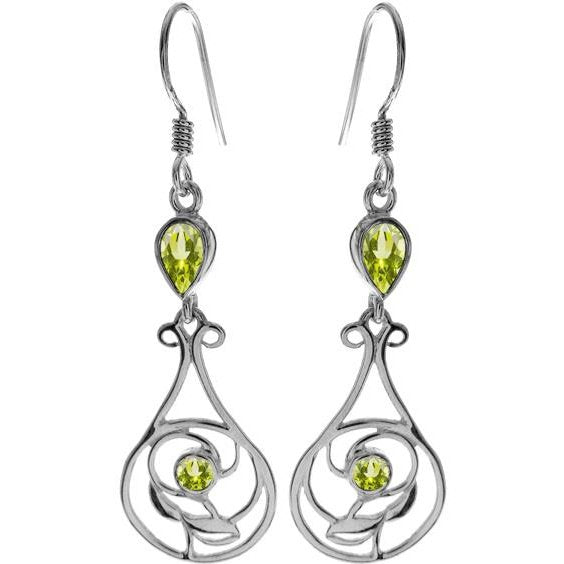 Silver and Peridot open floral Drop Earrings.
