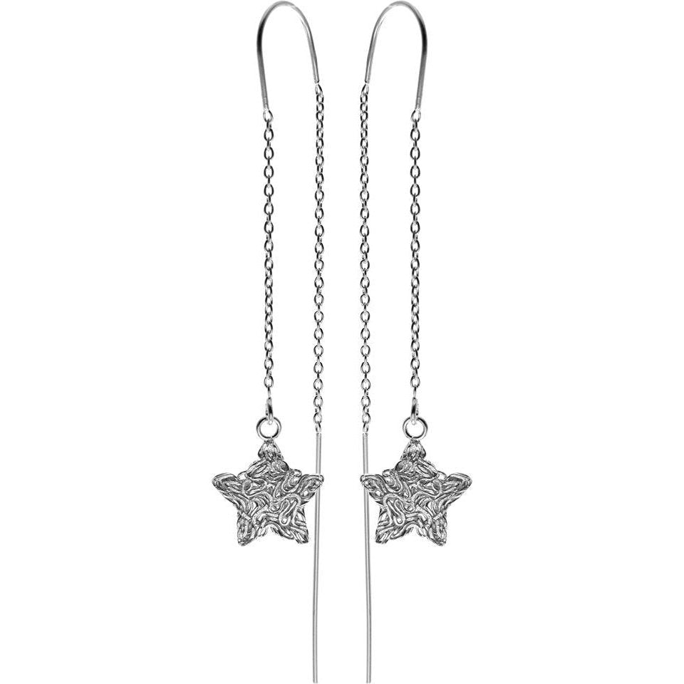 Silver pull-through earrings with hanging star design.