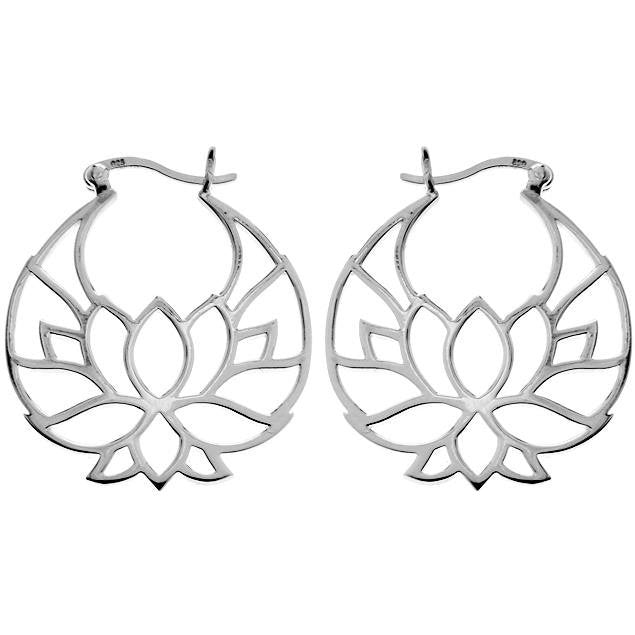 Silhouette lotus flower silver creole hoop earrings.