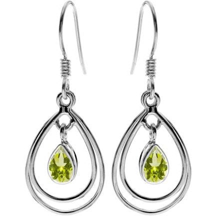 Silver and Peridot double teardrop drop earrings.