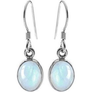 Silver and Rainbow Moonstone oval drop earrings.