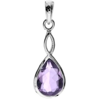 Silver and Amethyst teardrop faceted pendant on a silver chain .