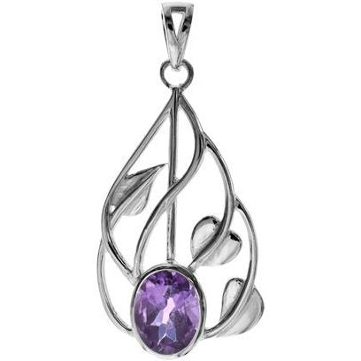 Silver and Amethyst teardrop pendant with vine surround detail.