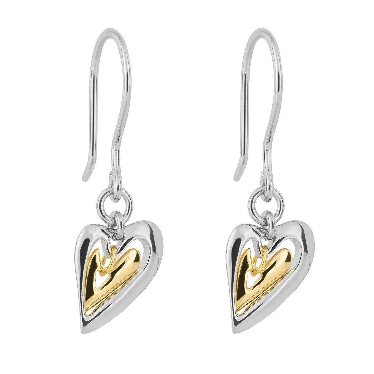 silver and gold detail heart drop earrings