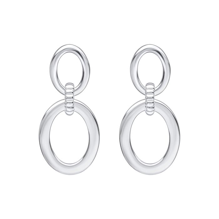 Silver Double Oval Drop Earrings with Textured Connection Link