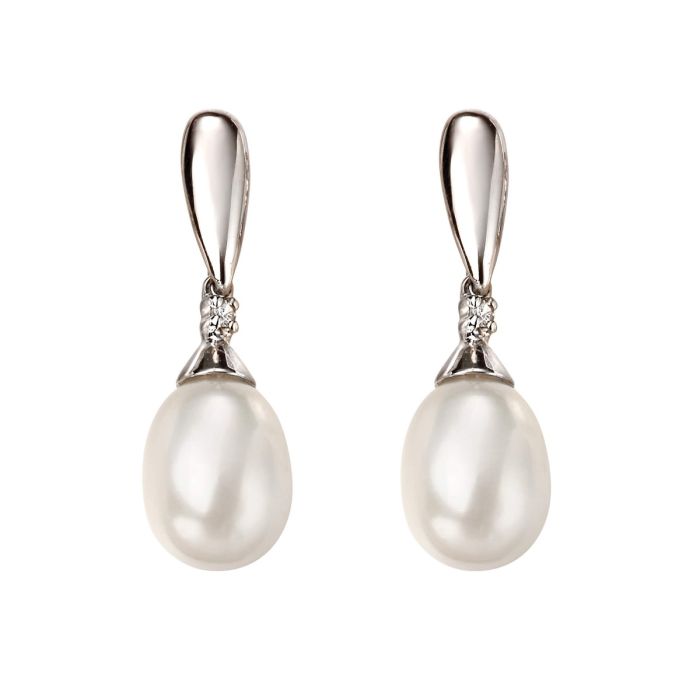 9ct White Gold, Freshwater Pearl and Diamond Drop Earrings