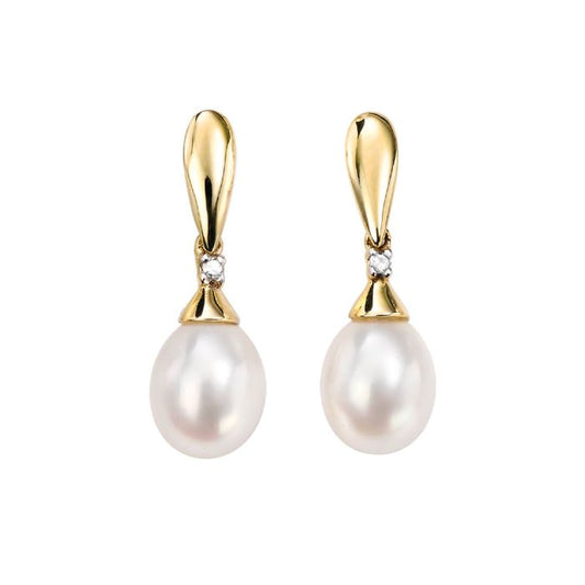 9ct Gold, Freshwater Pearl and Diamond Drop Earrings