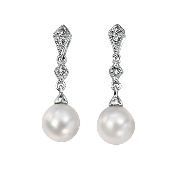 Freshwater Pearl and Diamond Drop Earrings in 9ct White Gold