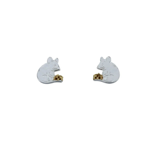 Silver mouse and cheese stud earrings with yellow gold detail