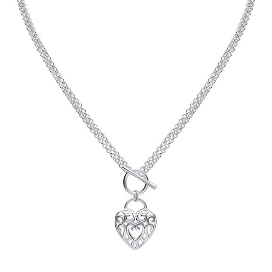 Silver Large Filigree Heart Double Chain T-Bar Necklace