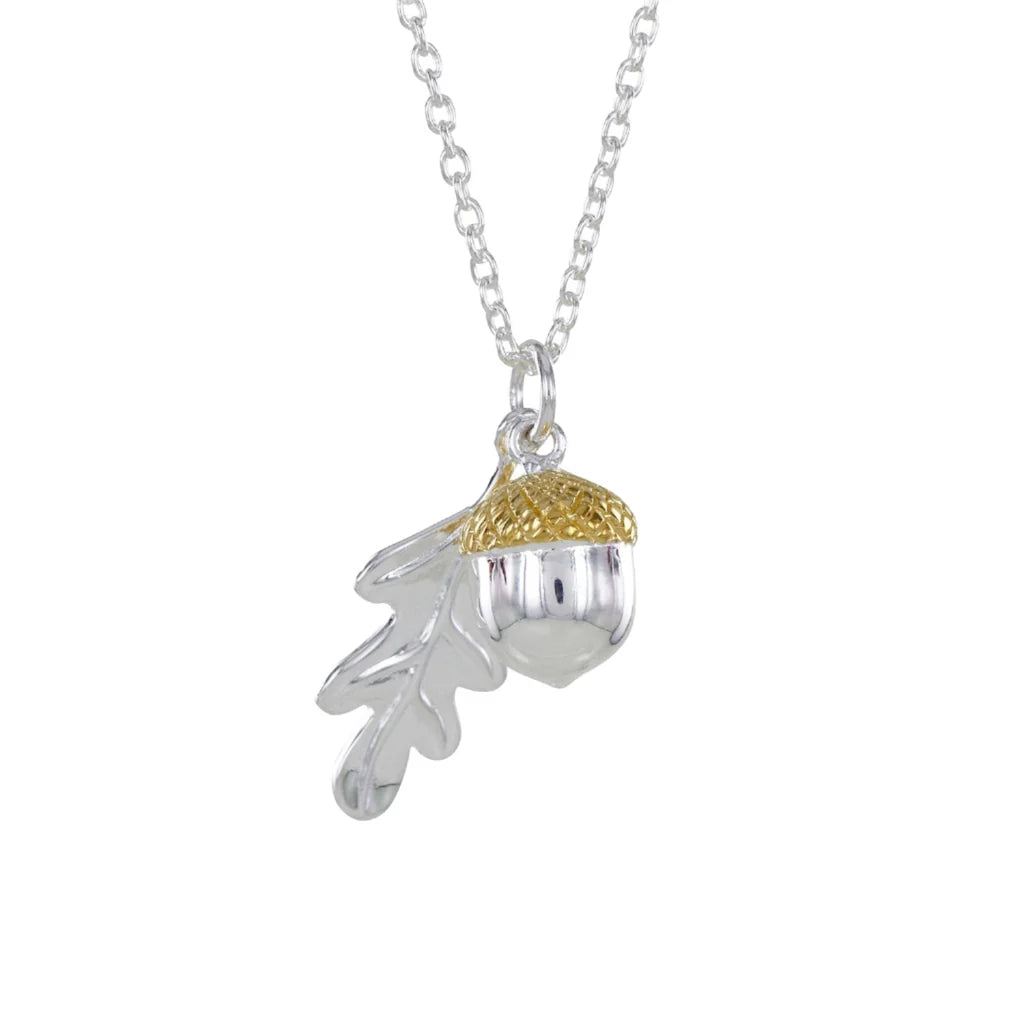 Silver Oak leaf and Acorn necklace with Yellow gold detail