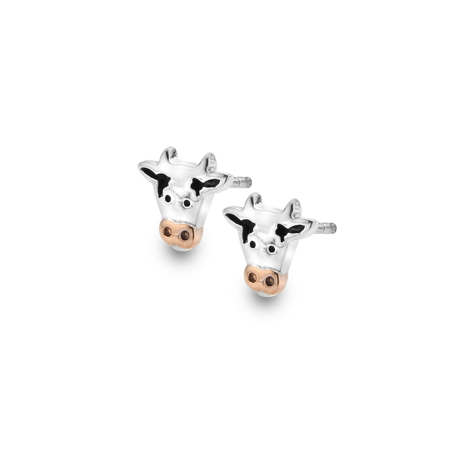 Silver & Enamel Cow stud Earrings with rose gold detail