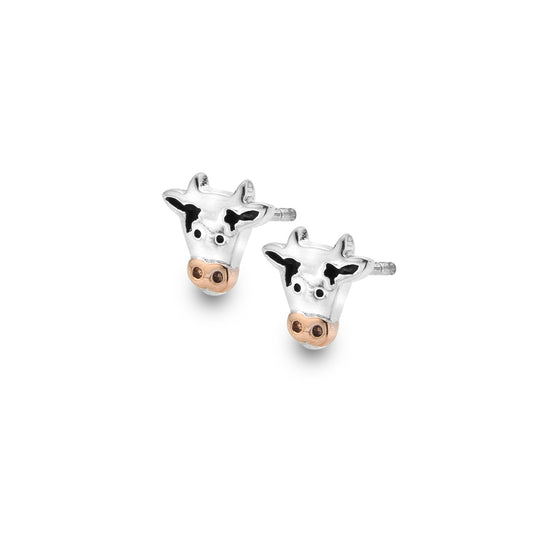 Silver & Enamel Cow stud Earrings with rose gold detail