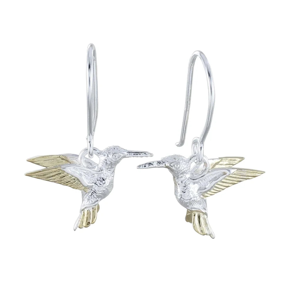 Silver hummingbird drop earrings with yellow gold detail