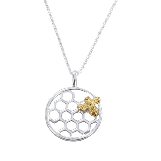 Silver Bee and Honeycomb necklace with yellow gold detail