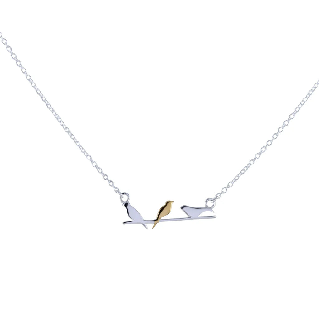 Silver Birds on a wire necklace with yellow gold detail