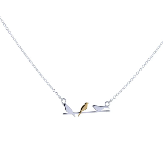 Silver Birds on a wire necklace with yellow gold detail