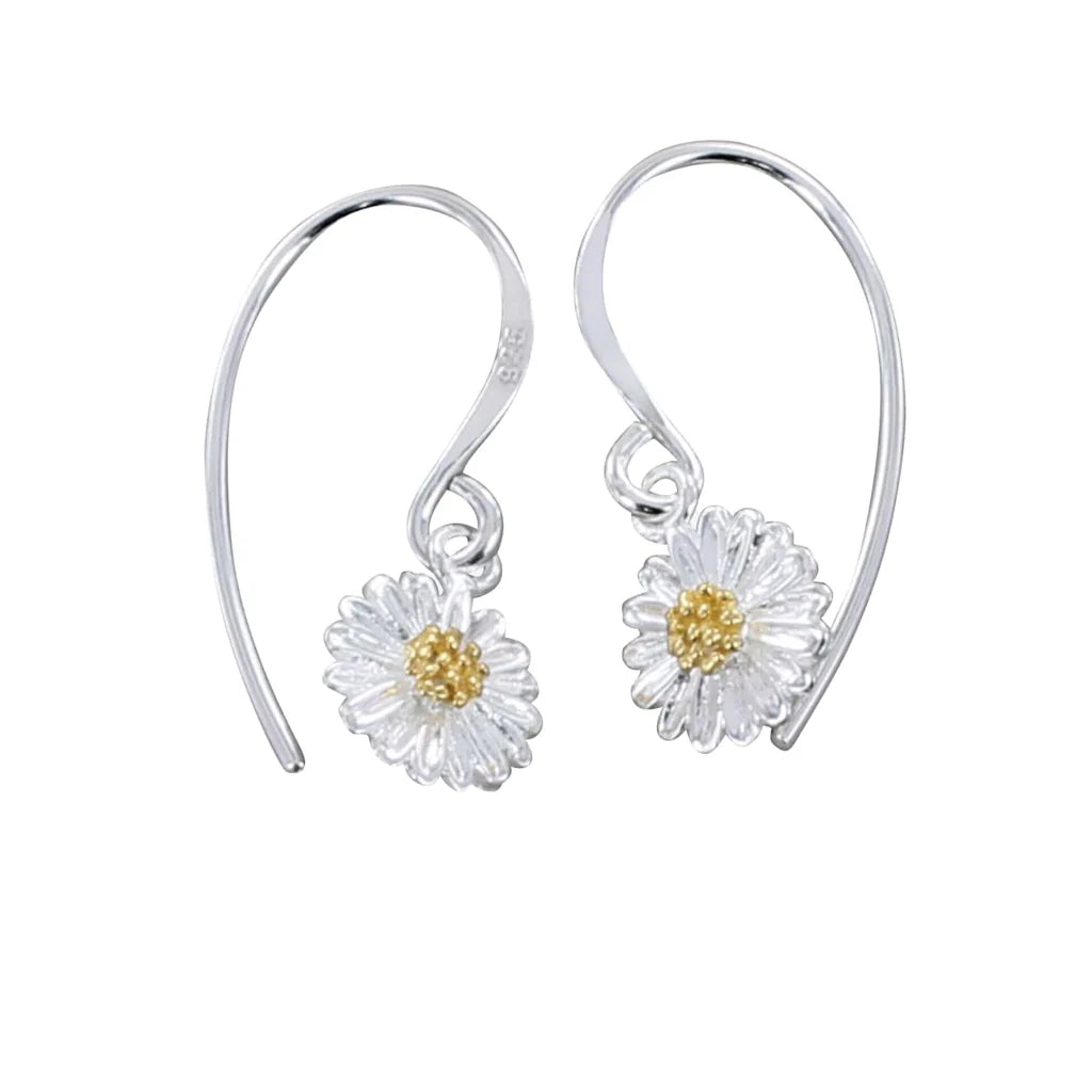 Silver Dasiy drop earrings with yellow gold detail