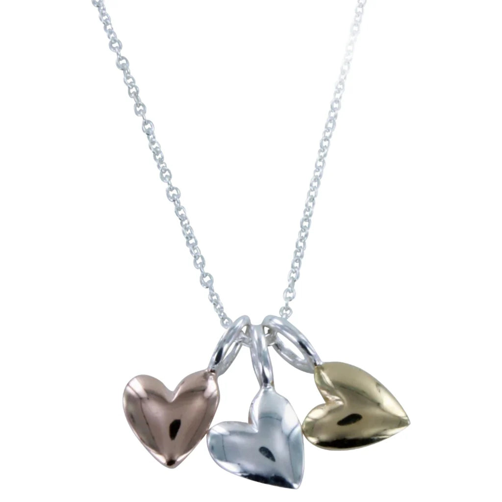 Silver triple heart charm necklace with yellow and rose gold detail