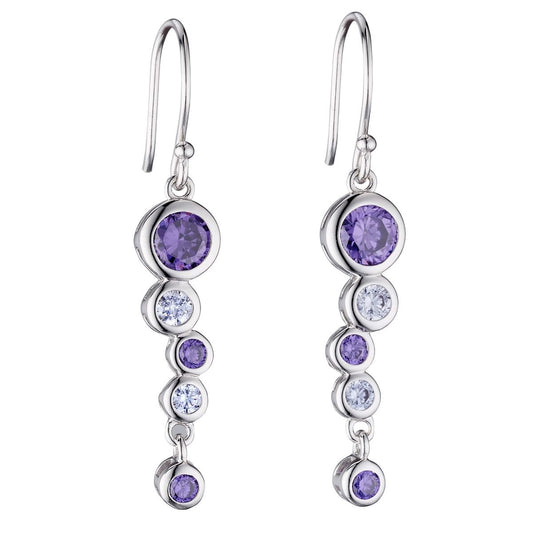 Silver with purple and white cubic zirconia long pebble drop earrings