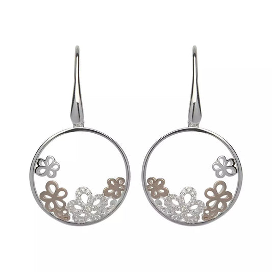 Silver, rose gold detail and cubic zirconia flower drop earrings