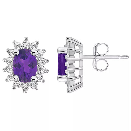 Silver And Amethyst With Cubic Zirconia oval Stud Earrings