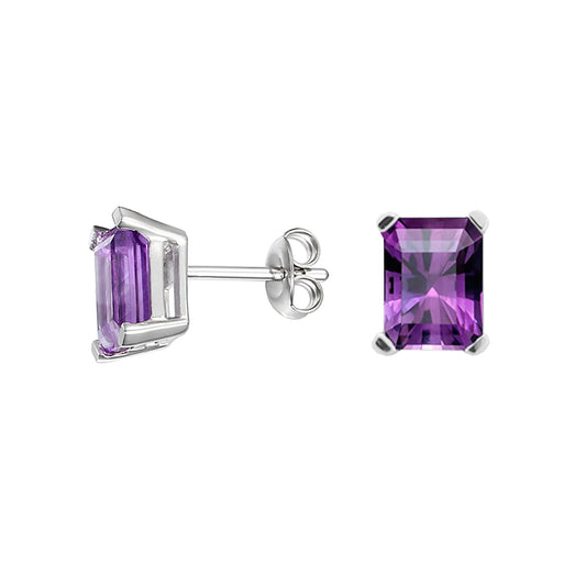 Silver And Amethyst Square Stud Earrings