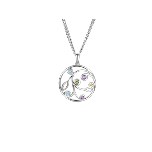 Silver, Amethyst, Blue Topaz, Citrine and Peridot round vine pendant
