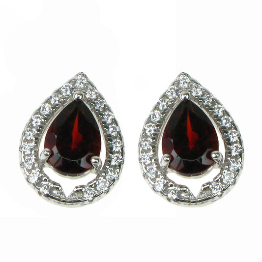 Silver and Garnet With Cubic Zirconia Teardrop Stud Earrings