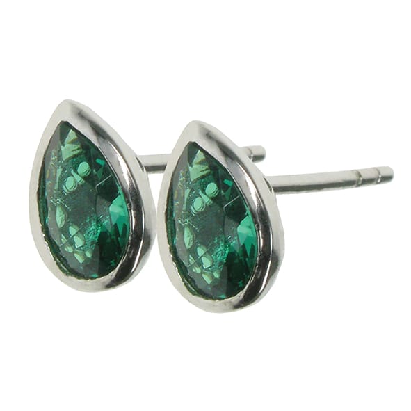 Silver and Created Emerald pear stud earrings